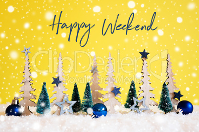 Christmas Tree, Snowflakes, Blue Star, Ball, Happy Weekend, Yellow Background