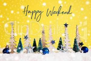 Christmas Tree, Snowflakes, Blue Star, Ball, Happy Weekend, Yellow Background