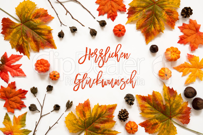 Colorful Autumn Leaf Decoration, Herzlichen Glueckwunsch Means Congratulations