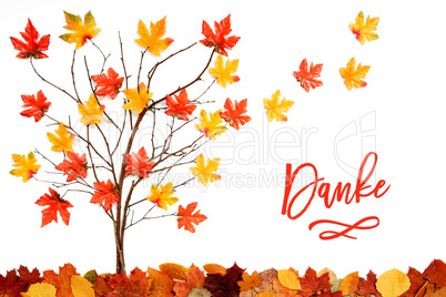 Tree With Colorful Leaf Decoration, Leaves Flying Away, Danke Means Thank You