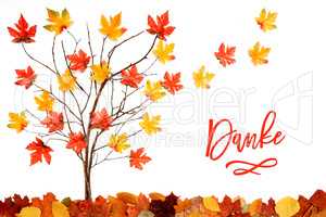 Tree With Colorful Leaf Decoration, Leaves Flying Away, Danke Means Thank You