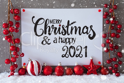 Red Decoration, Sign, Snow, Snowflakes, Merry Christmas And Happy 2021