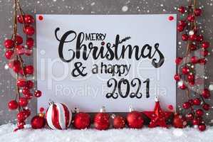 Red Decoration, Sign, Snow, Snowflakes, Merry Christmas And Happy 2021