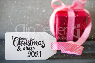Pink Christmas Gift, Calligraphy Merry Christmas And A Happy 2021, Snowflakes