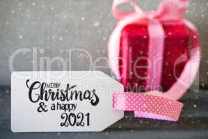 Pink Christmas Gift, Calligraphy Merry Christmas And A Happy 2021, Snowflakes