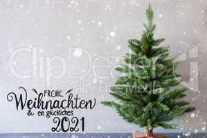 Tree, Glueckliches 2021 Mean Happy 2021, Cement Background, Snowflakes
