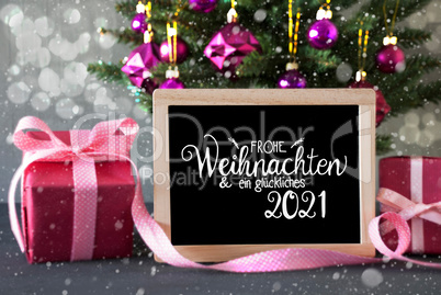 Christmas Tree, Pink Gift, Bokeh, Glueckliches 2021 Means Happy 2021, Snowflakes
