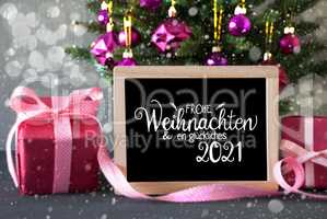 Christmas Tree, Pink Gift, Bokeh, Glueckliches 2021 Means Happy 2021, Snowflakes