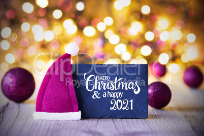 Sparkling Lights, Ball, Purple Santa Hat, Glueckliches 2020 Mean Happy 2021