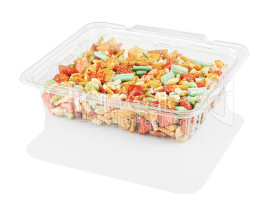 multicolored candy in a disposable plastic container