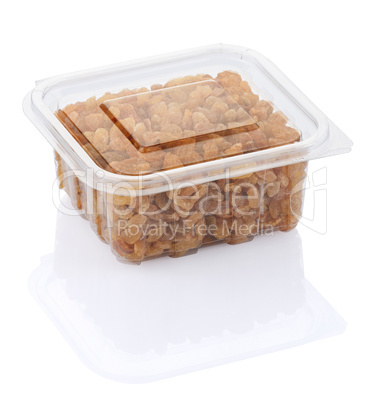 raisins in a transparent plastic container