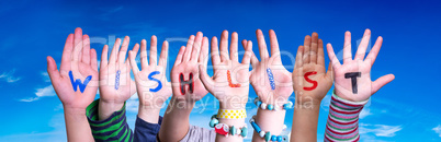 Children Hands Building Word Wishlist, Blue Sky