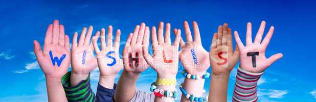 Children Hands Building Word Wishlist, Blue Sky