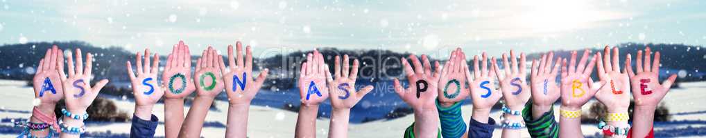 Children Hands Building Word As Soon As Possible, Snowy Winter Background