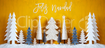 Banner, Trees, Snow, Yellow Background, Feliz Navidad Means Merry Christmas