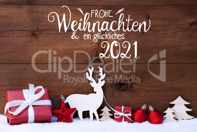 Reindeer, Gift, Tree, Ball, Snow, Glueckliches 2021 Means Happy 2021