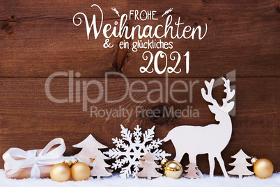 Reindeer, Gift, Tree, Golden Ball, Snow, Glueckliches 2021 Means Happy 2021