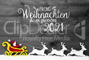 Ornament, Snow, Sleigh, Reindeers, Red Satna, Glueckliches 2021 Means Happy 2021