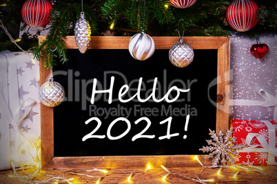 Chalkboard, Tree, Gift, Fairy Lights, Text Hello 2021