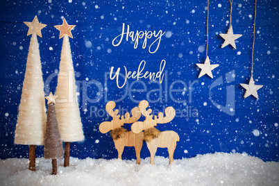 Christmas Tree, Moose, Snow, Star, Text Happy Weekend, Snowflakes