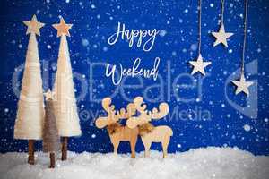 Christmas Tree, Moose, Snow, Star, Text Happy Weekend, Snowflakes