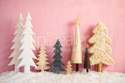 Christmas Trees, Snow, Retro Pink Grungy Wooden Background, Star