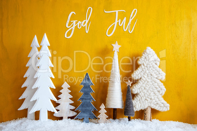 Christmas Trees, Snow, Yellow Background, God Jul Means Merry Christmas