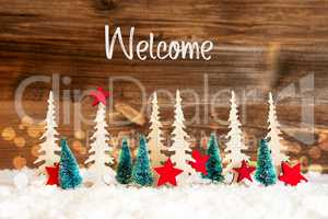 Christmas Tree, Snow, Red Star, Text Welcome, Wooden Background