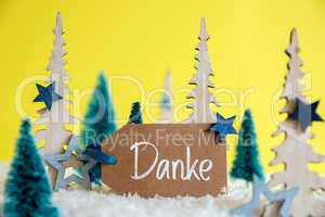 Christmas Trees, Snow, Yellow Background, Label, Danke Means Thank You