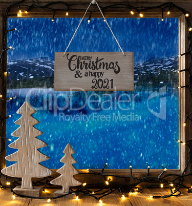 Christmas Tree, Window, Lake, Merry Christmas And A Happy 2021, Snow