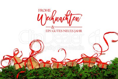 Green Fir Branch, Christmas Gift And Presents, Gutes Neues Means Happy New Year