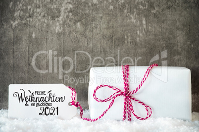 White Christmas Gift, Snow, Label, Bow, Glueckliches 2021 Means Happy 2021