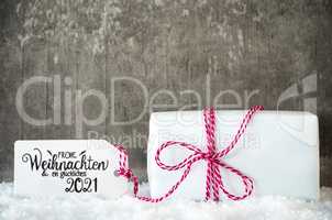White Christmas Gift, Snow, Label, Bow, Glueckliches 2021 Means Happy 2021