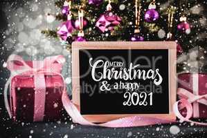 Christmas Tree, Pink Gift, Bokeh, Merry Christmas And Happy 2021, Ball