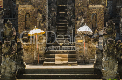 stairs and umbrellas in a temple complex