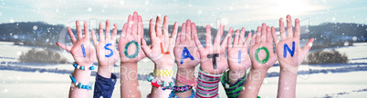 Kids Hands Holding Word Isolation, Snowy Winter Background