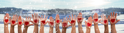 Children Hands With Heart Symbol, Winter Snow Scenerey As Background