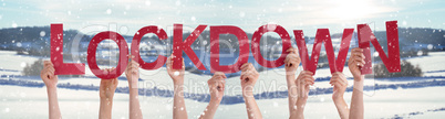People Hands Holding Word Lockdown, Snowy Winter Background