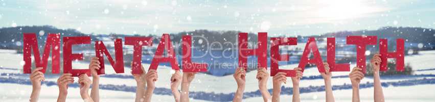 People Hands Holding Word Mental Health, Snowy Winter Background