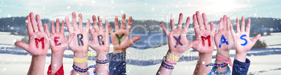 Children Hands Building Word Merry Xmas, Snowy Winter Background