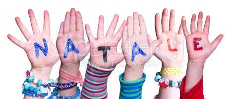 Children Hands Building Word Natale Means Christmas, Isolated Background