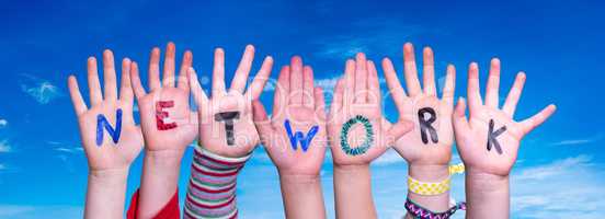 Children Hands Building Word Network, Blue Sky