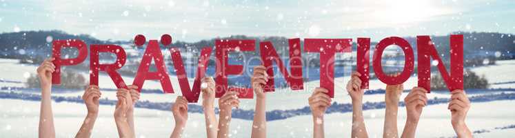 People Hands Holding Word Praevention Means Prevention, Snowy Winter Background