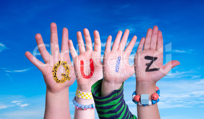 Children Hands Building Word Quiz, Blue Sky