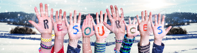 Children Hands Building Word Resources, Snowy Winter Background