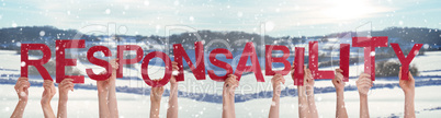 People Hands Holding Word Responsibility, Snowy Winter Background
