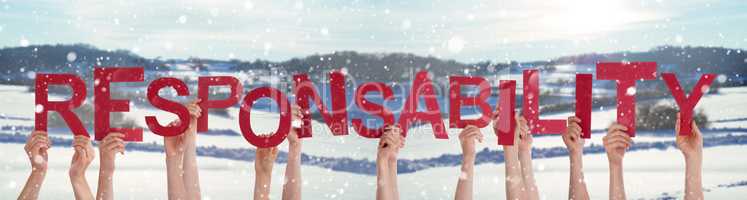 People Hands Holding Word Responsibility, Snowy Winter Background