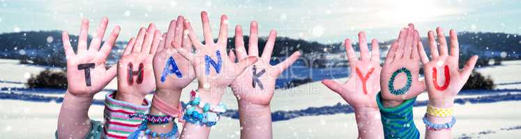 Children Hands Building Word Thank You, Snowy Winter Background