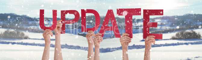 People Hands Holding Word Update, Snowy Winter Background