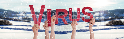 People Hands Holding Word Virus, Snowy Winter Background